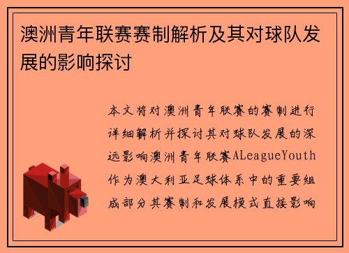 澳洲青年联赛赛制解析及其对球队发展的影响探讨