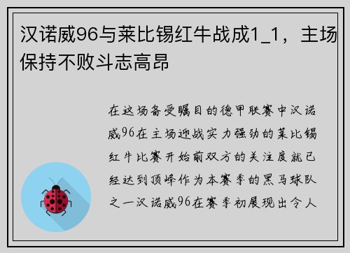 汉诺威96与莱比锡红牛战成1_1，主场保持不败斗志高昂