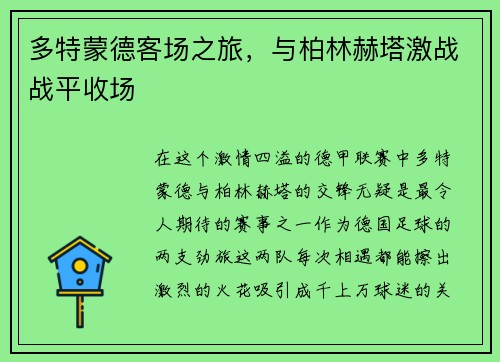 多特蒙德客场之旅，与柏林赫塔激战战平收场