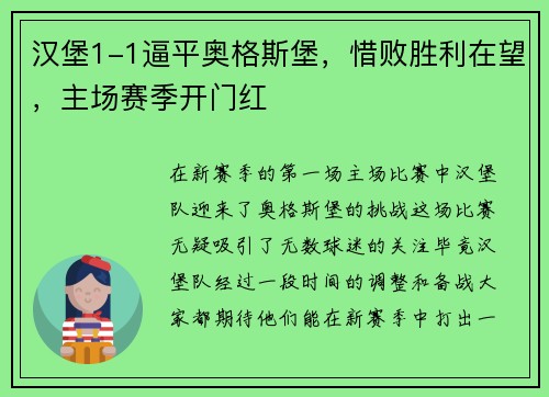 汉堡1-1逼平奥格斯堡，惜败胜利在望，主场赛季开门红