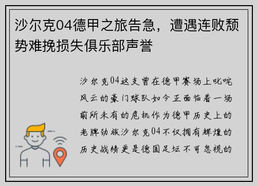 沙尔克04德甲之旅告急，遭遇连败颓势难挽损失俱乐部声誉